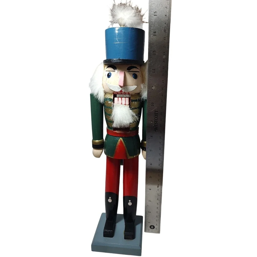 Traditional Soldier‎ Nutcracker Green  Red Black Fur Hair and Beard Fifteen Inch